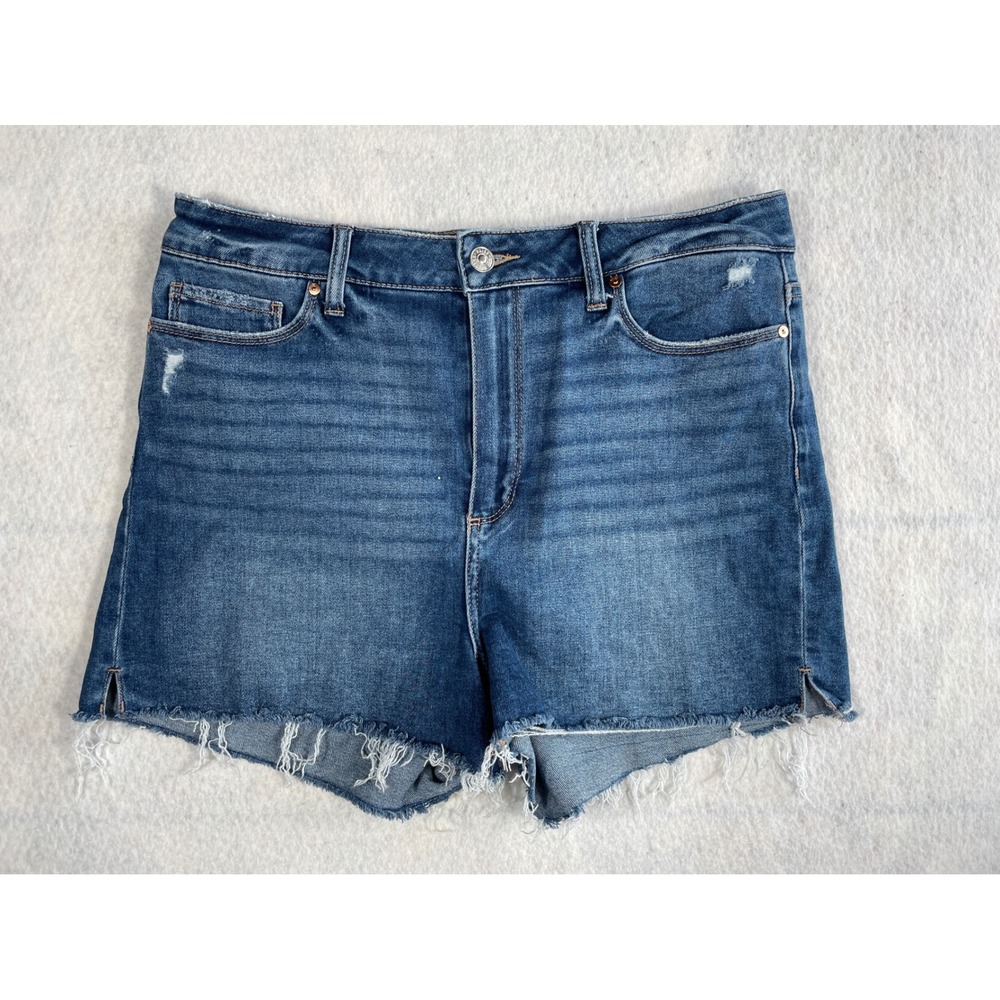 PAIGE Margot High Rise Denim Shorts Medium Wash Raw Hem‎ Blue Size 31